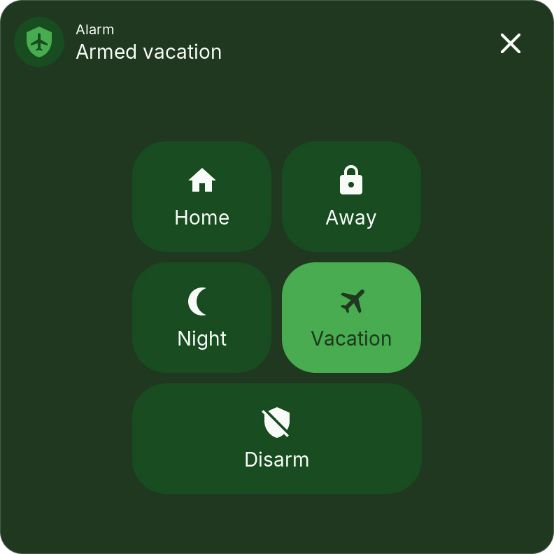 Alarm panel popup with Home, Away, Night, Vacation and Disarm