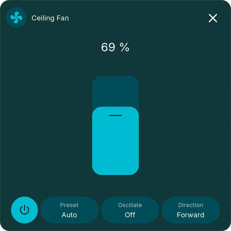 Fan popup with speed slider, preset, oscillation and direction
