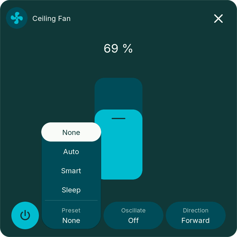 Fan popup with the preset list open