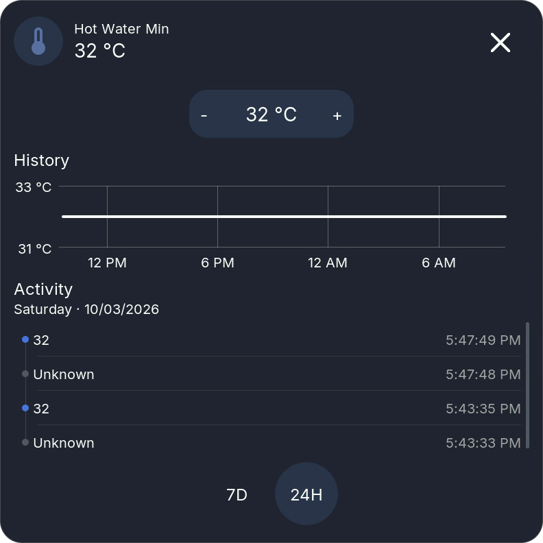 Number popup with a temperature stepper and history