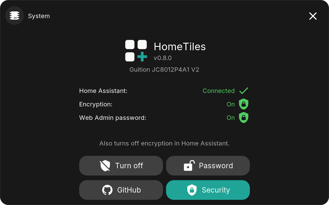 Security view with Turn off and Password