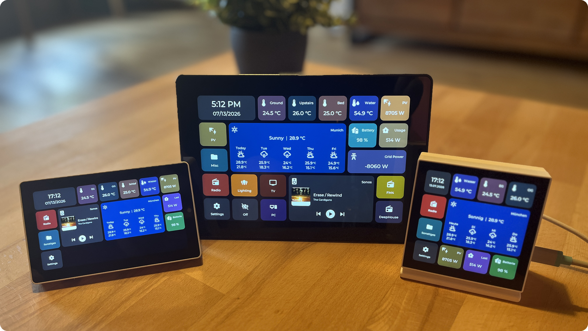 HomeTiles running on all three supported ESP32-P4 displays
