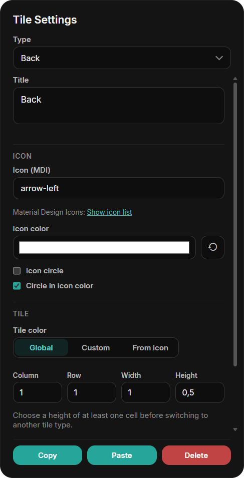 Back tile settings