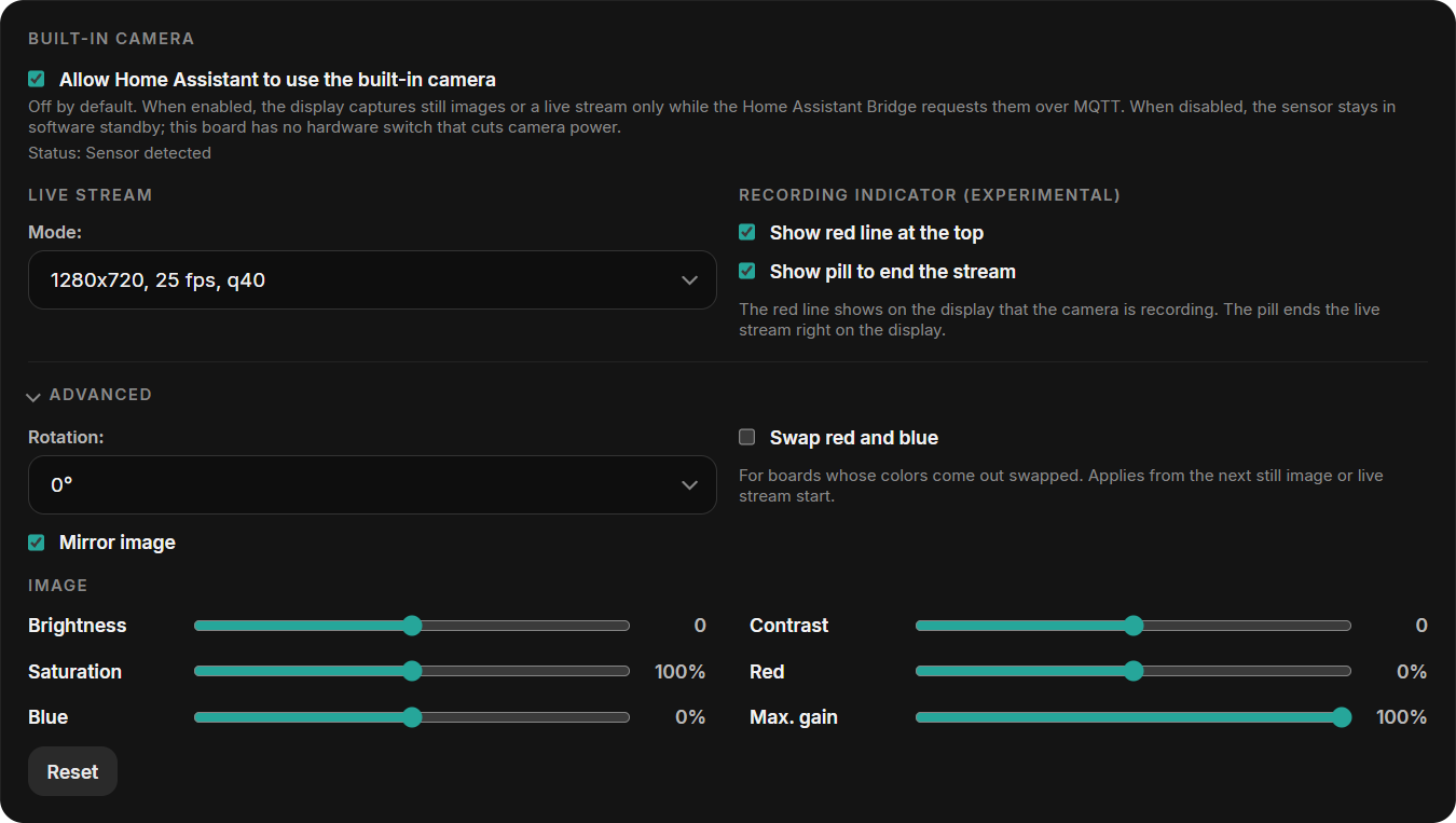 Built-in camera settings