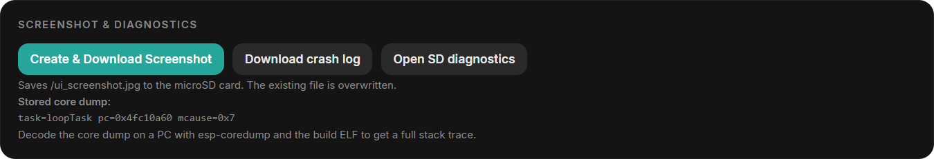 Screenshot and diagnostics buttons
