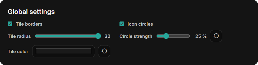 Global settings for tile borders, radius, icon circles and tile color