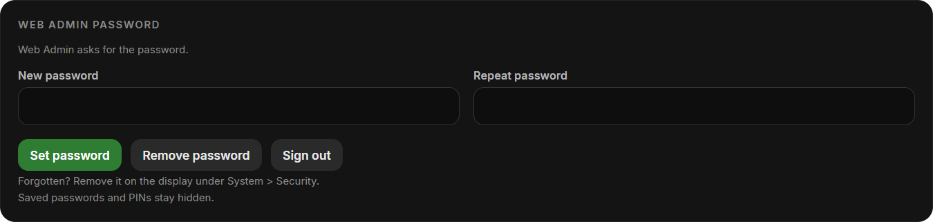 Web Admin password section with Set password, Remove password and Sign out