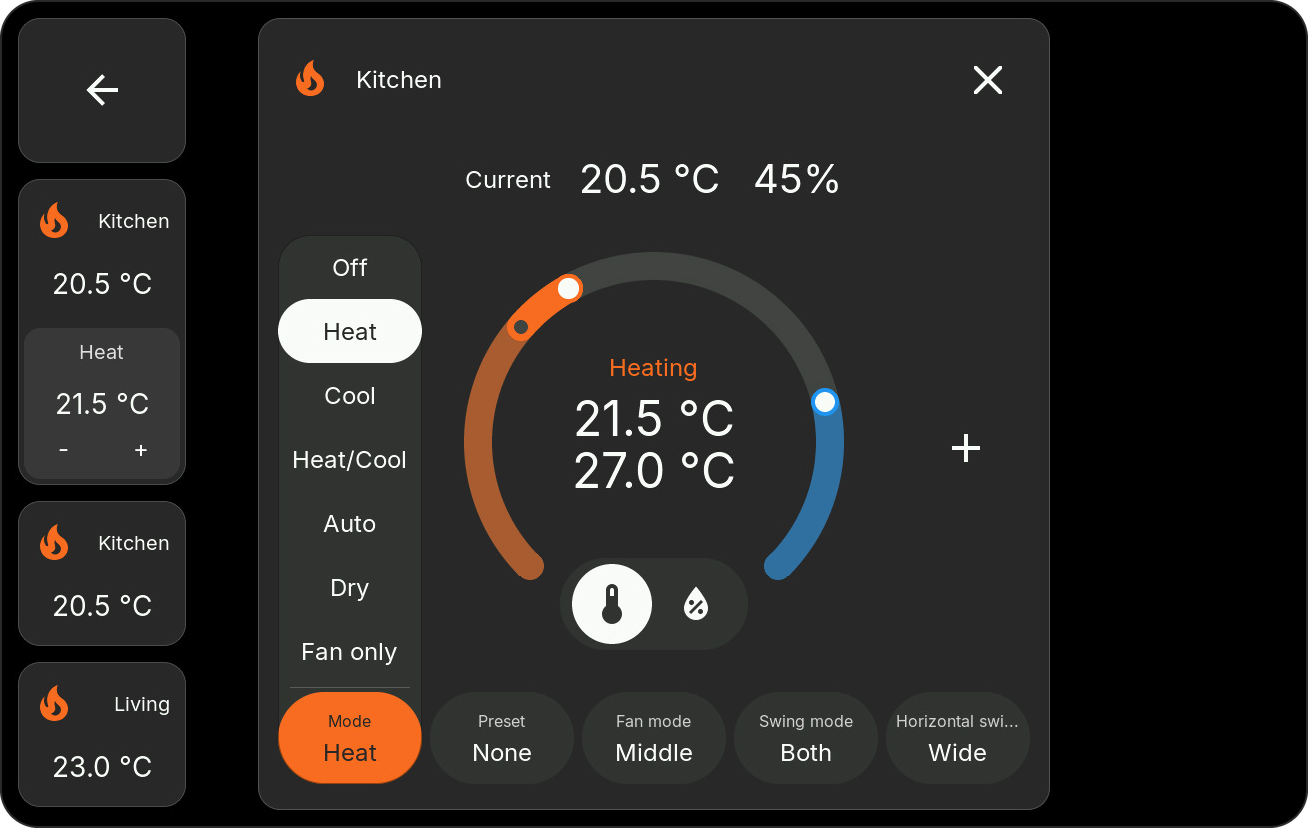 Full Climate popup with HVAC modes, target range, humidity, preset, fan, and swing controls