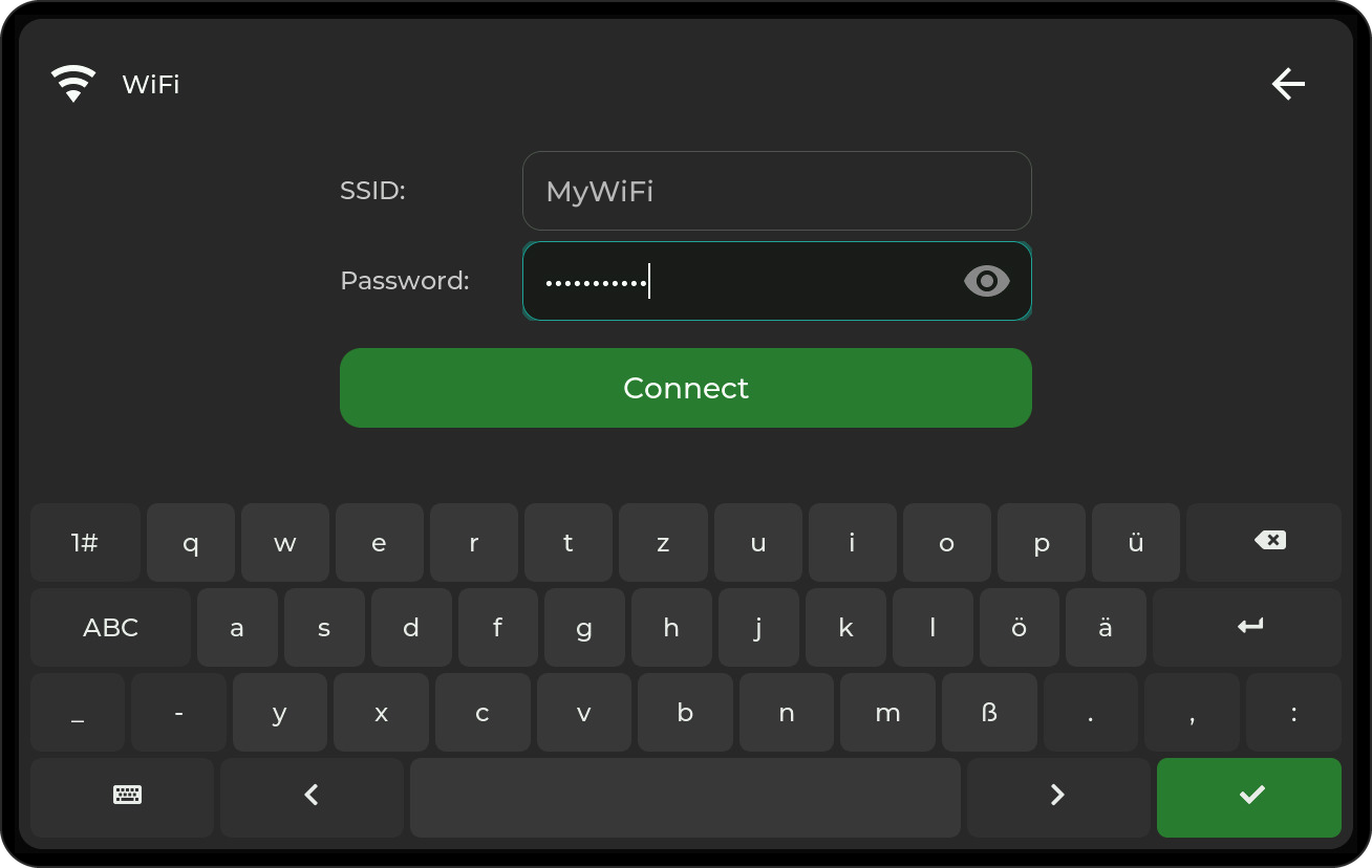 Manual WiFi entry with on-screen keyboard