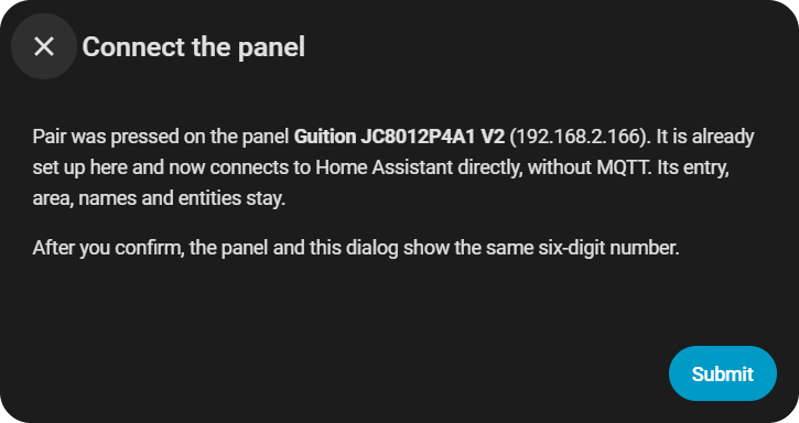 Home Assistant: Connect the panel, Submit