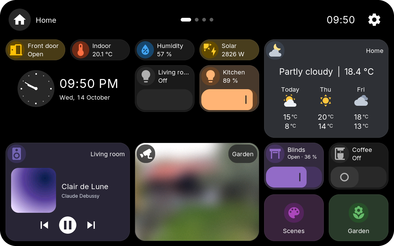 HomeTiles Home page with status chips, clock, weather, lights, music, a camera and folders