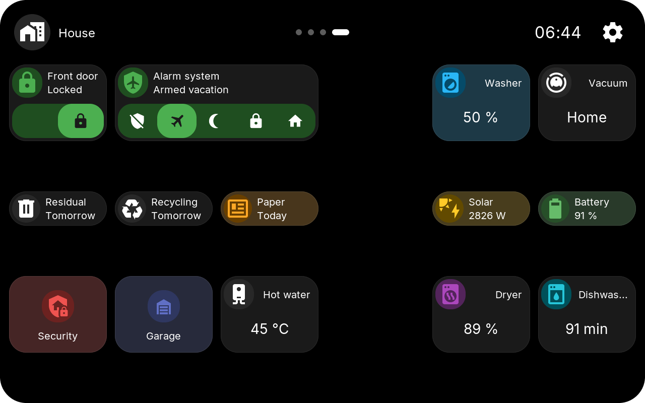 House page with lock, alarm panel, waste collection, folders and appliances