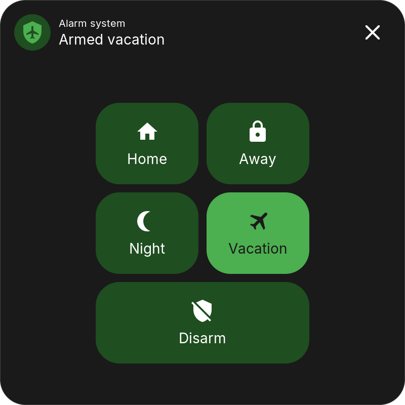 Alarm panel popup with Home, Away, Night, Vacation, Custom and Disarm