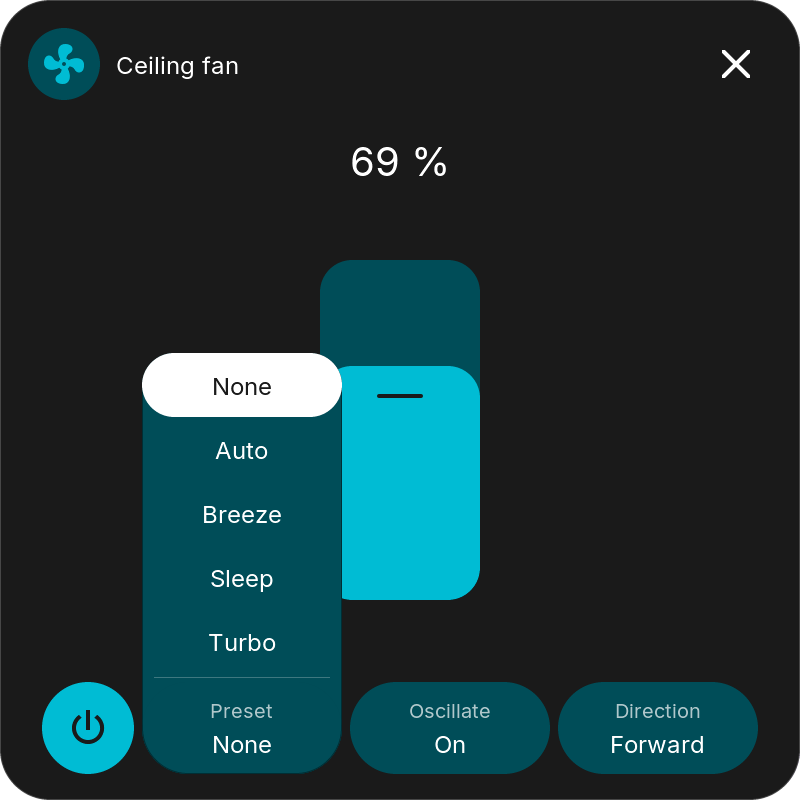 Fan popup with the preset list open
