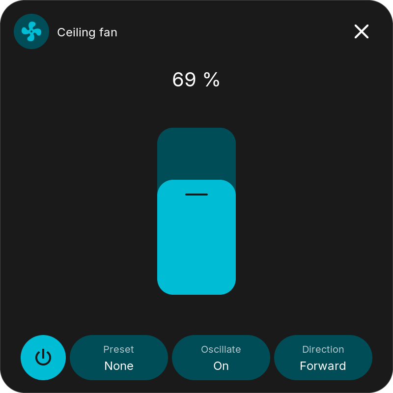 Fan popup with speed slider, preset, oscillation and direction