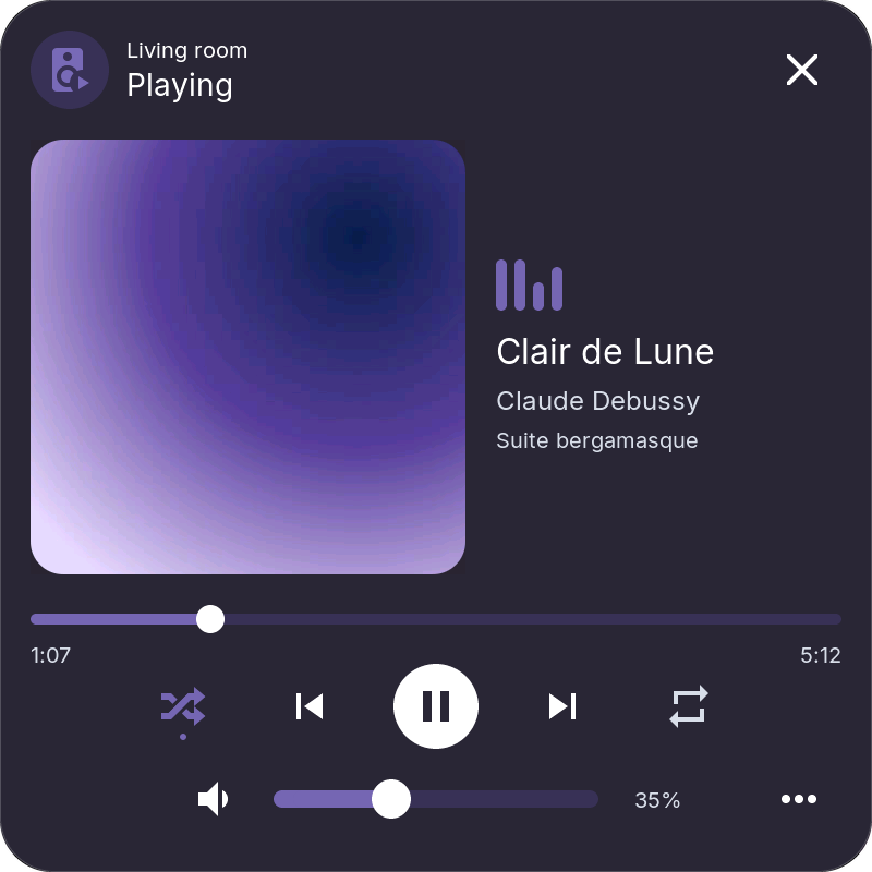 Media popup with cover art, progress, controls and volume