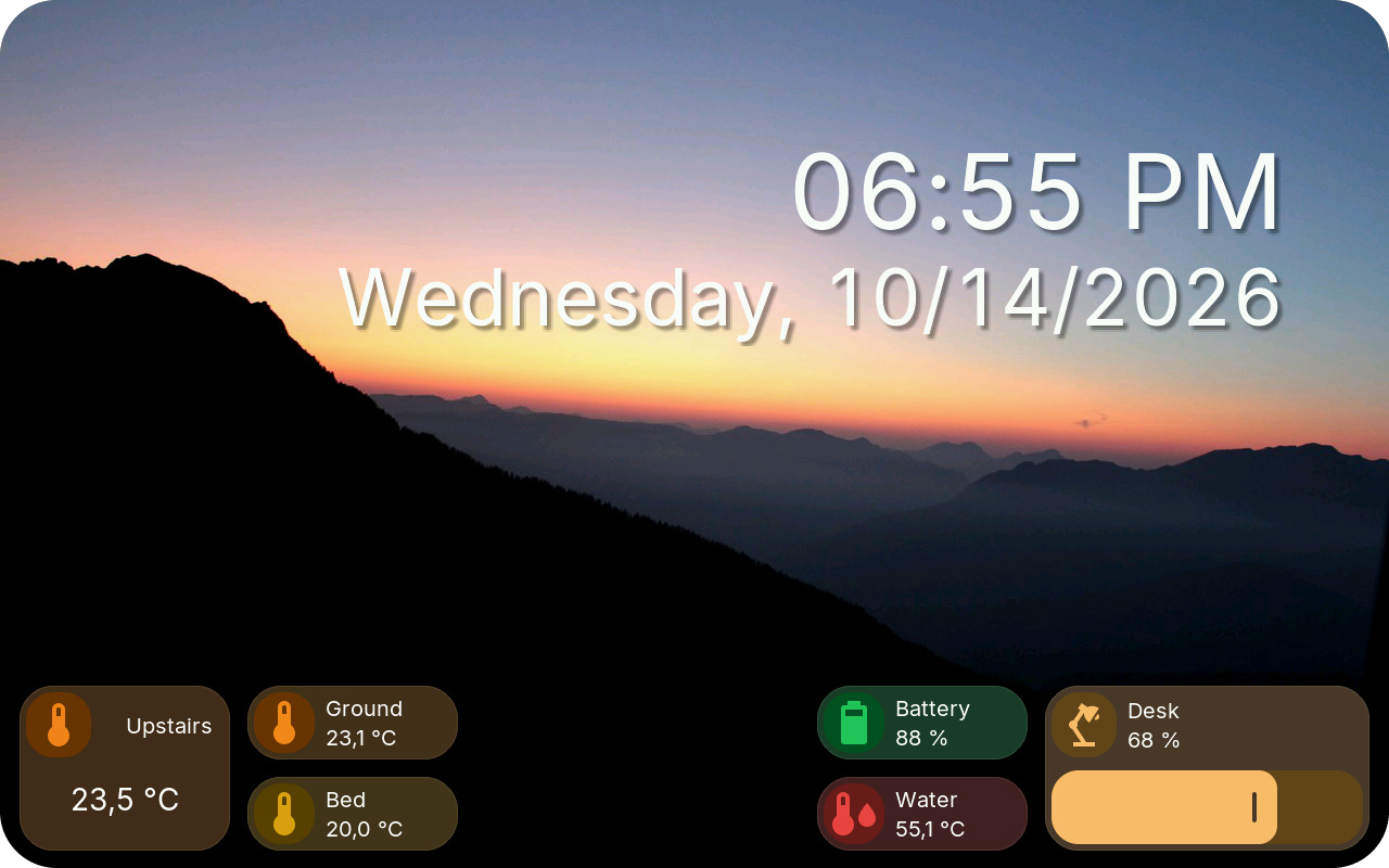 Screensaver with a mountain photo, the time and date, and sensor tiles