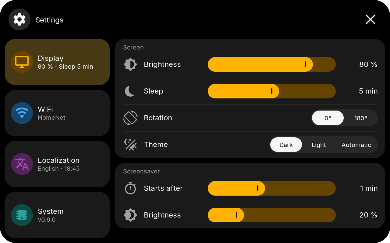 Display settings with brightness, sleep, rotation, theme and screensaver