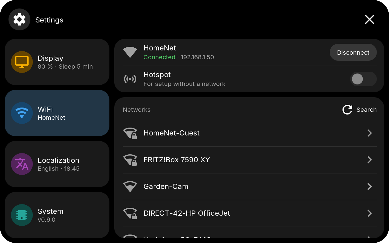 WiFi settings with the connected network, hotspot and network list