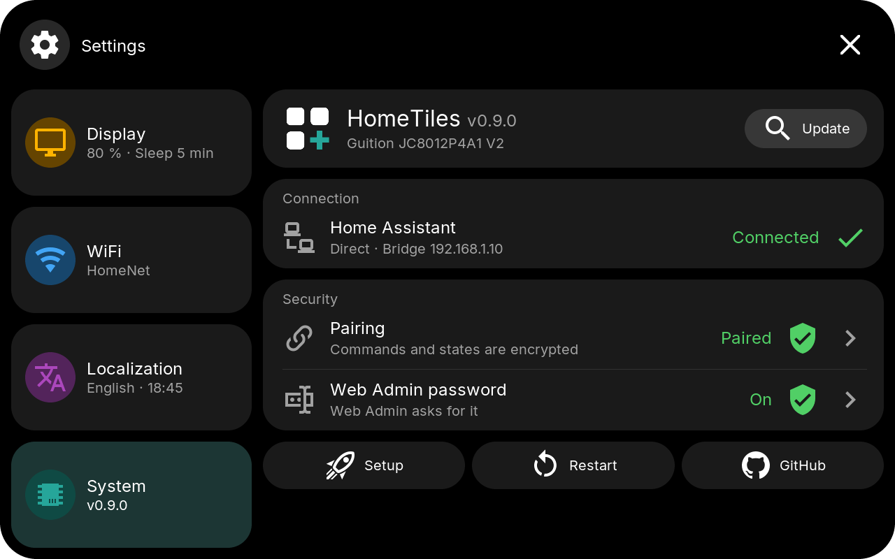 System page with firmware, connection, pairing and Web Admin password