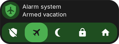 Alarm panel tile armed for vacation, with its mode bar