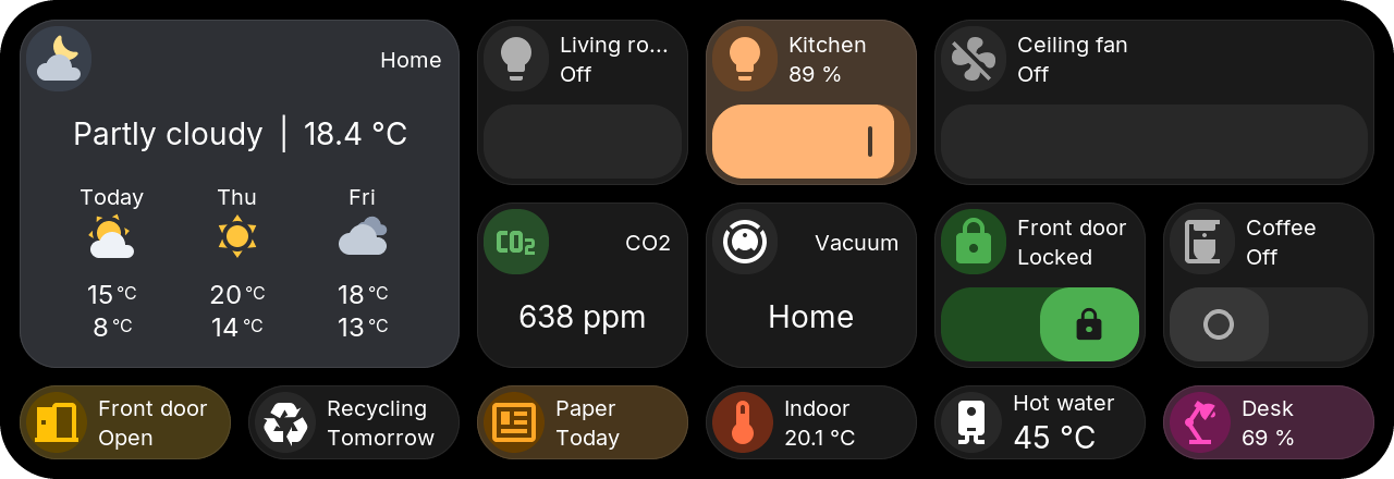 Tiles for weather, lights, a fan, sensors, a vacuum, a lock, a coffee machine and status chips