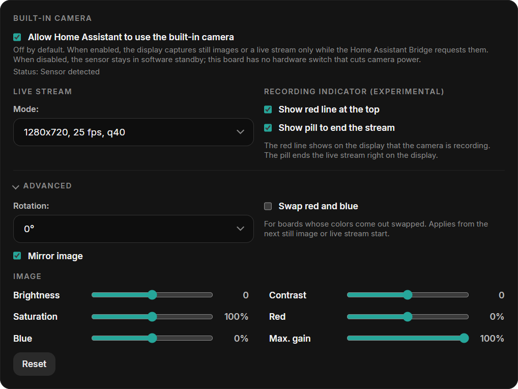 Built-in camera settings