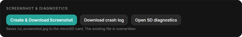Screenshot and diagnostics buttons