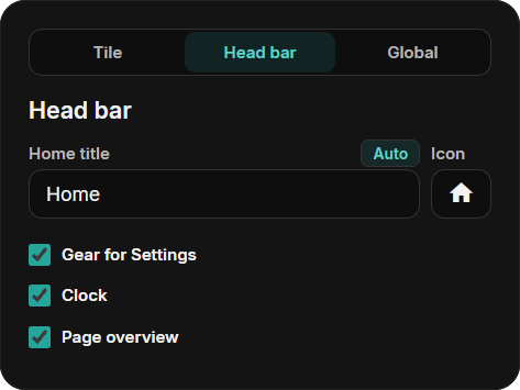 Head bar tab with Home title, icon, gear, clock and page overview