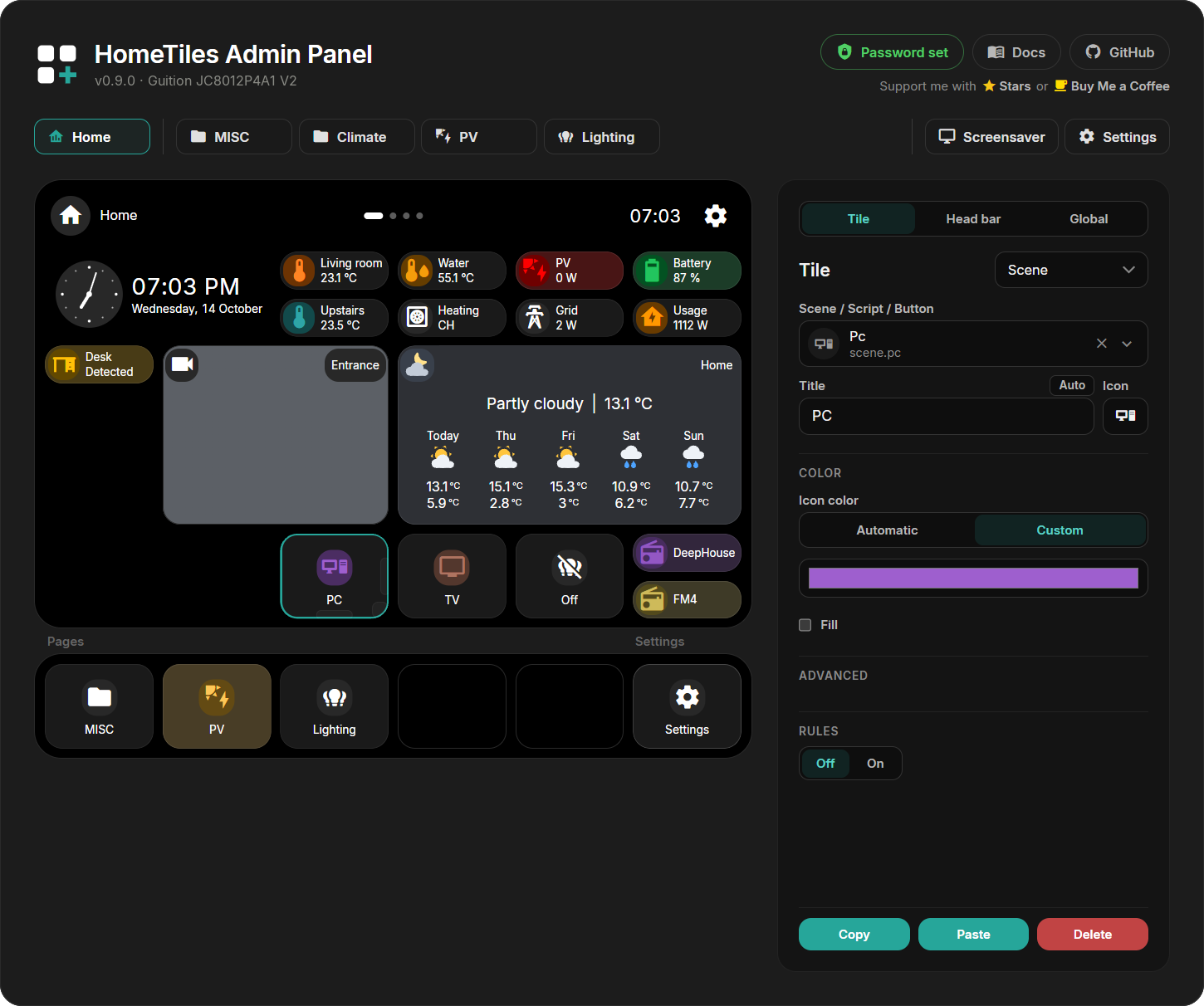 Web Admin with the Home preview, the page fields and the tile settings
