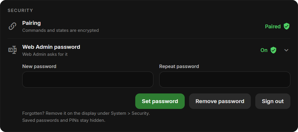 Web Admin password with Set password, Remove password and Sign out