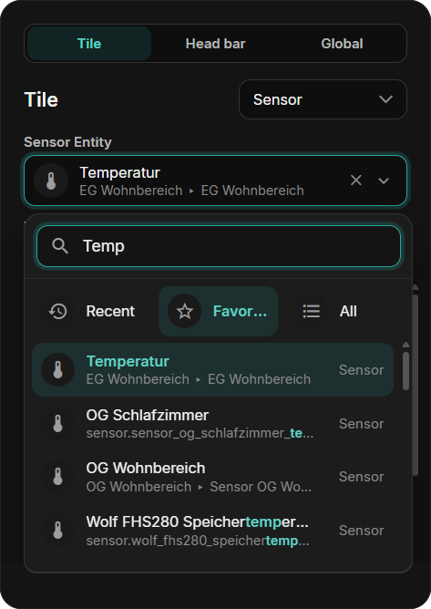 The entity picker with search, Recent, Favorites and All