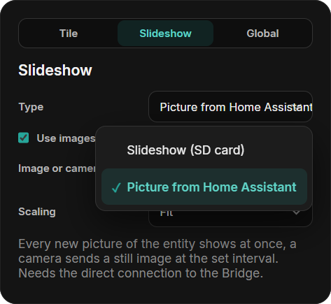Slideshow tab with Type set to Picture from Home Assistant