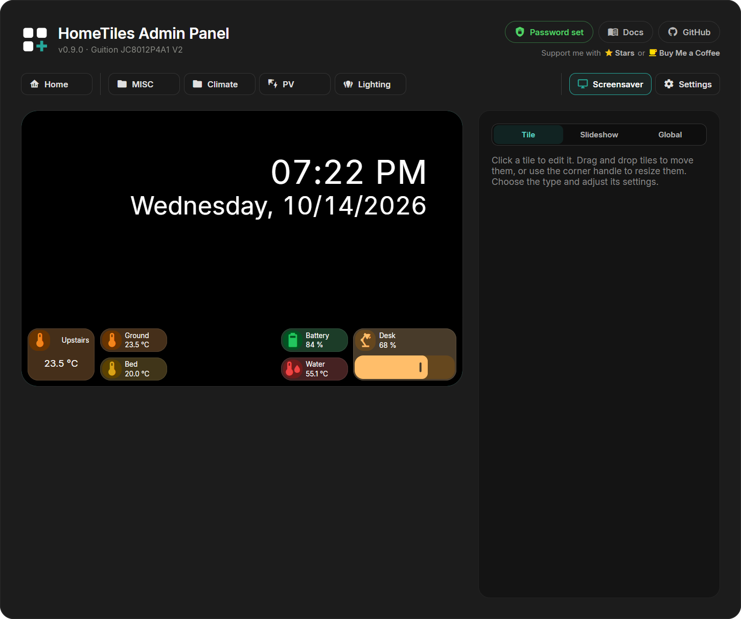 Screensaver tab in the Web Admin with clock and tiles