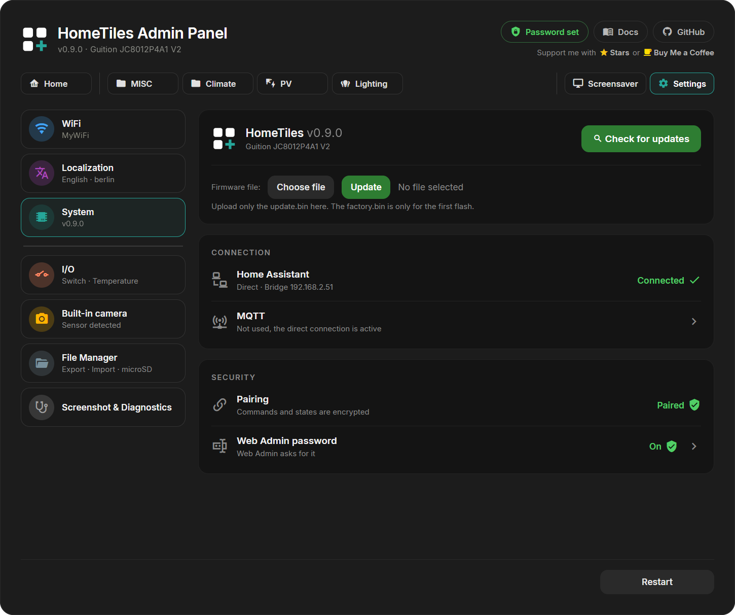 Settings, System with firmware update, connection, MQTT, pairing and Web Admin password