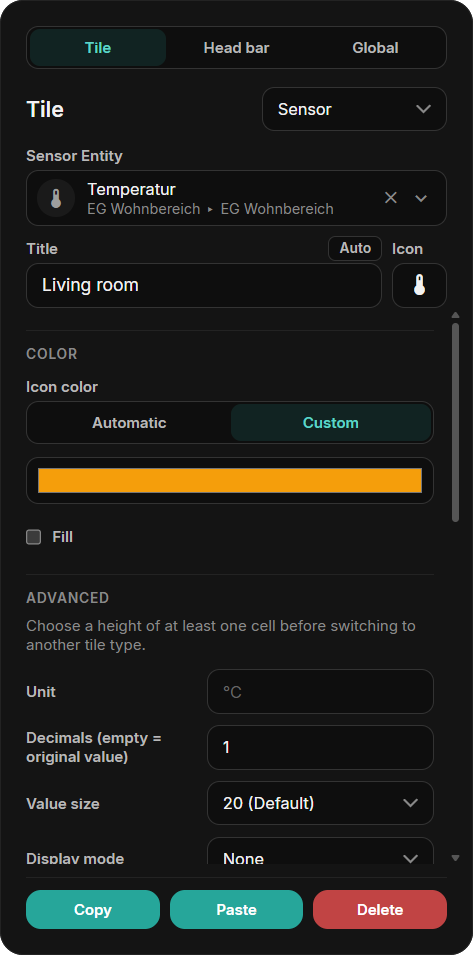 Tile settings for a sensor tile with its icon color