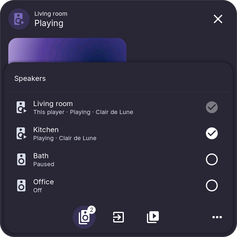 Media popup menu with the speakers to play together, two of them joined