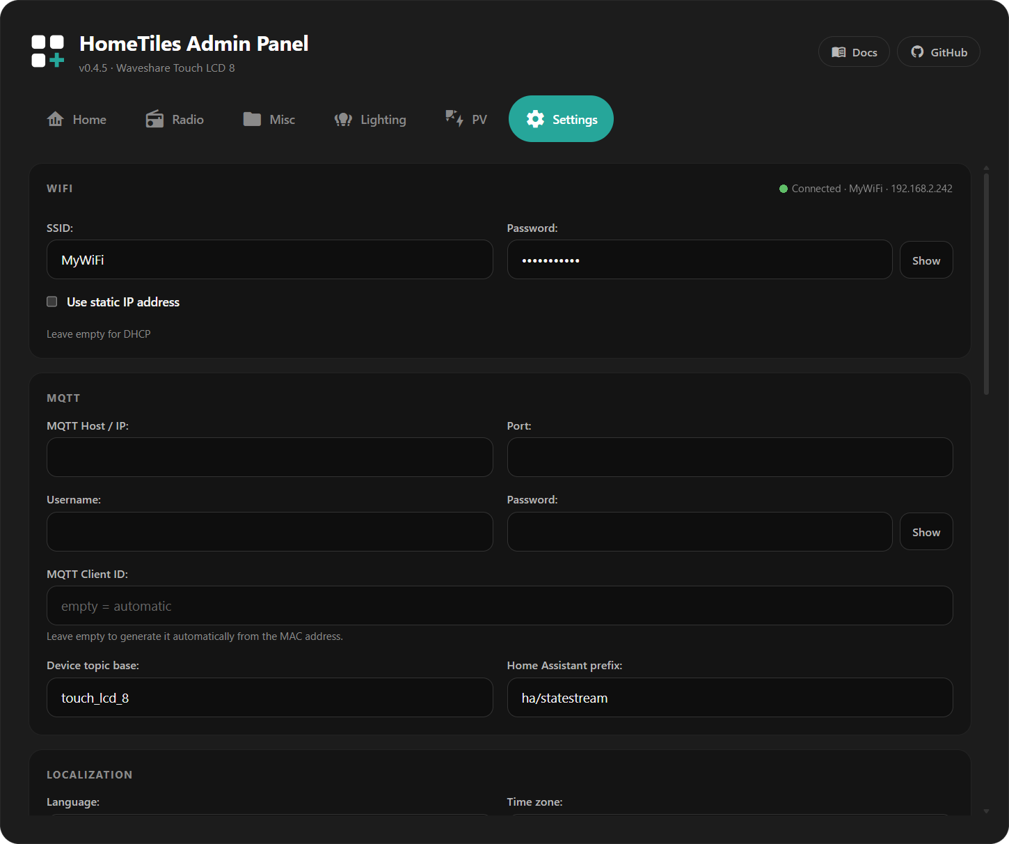 Settings tab