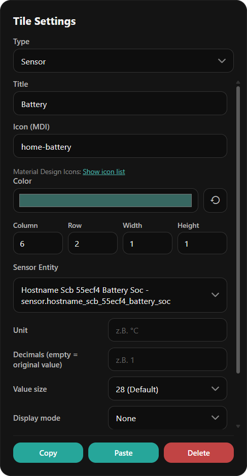 Tile settings for a sensor tile