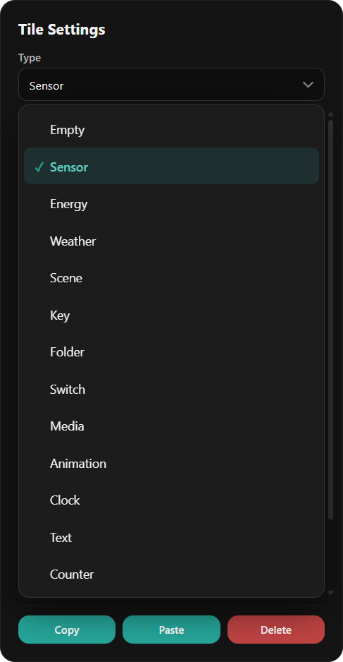 Tile type dropdown